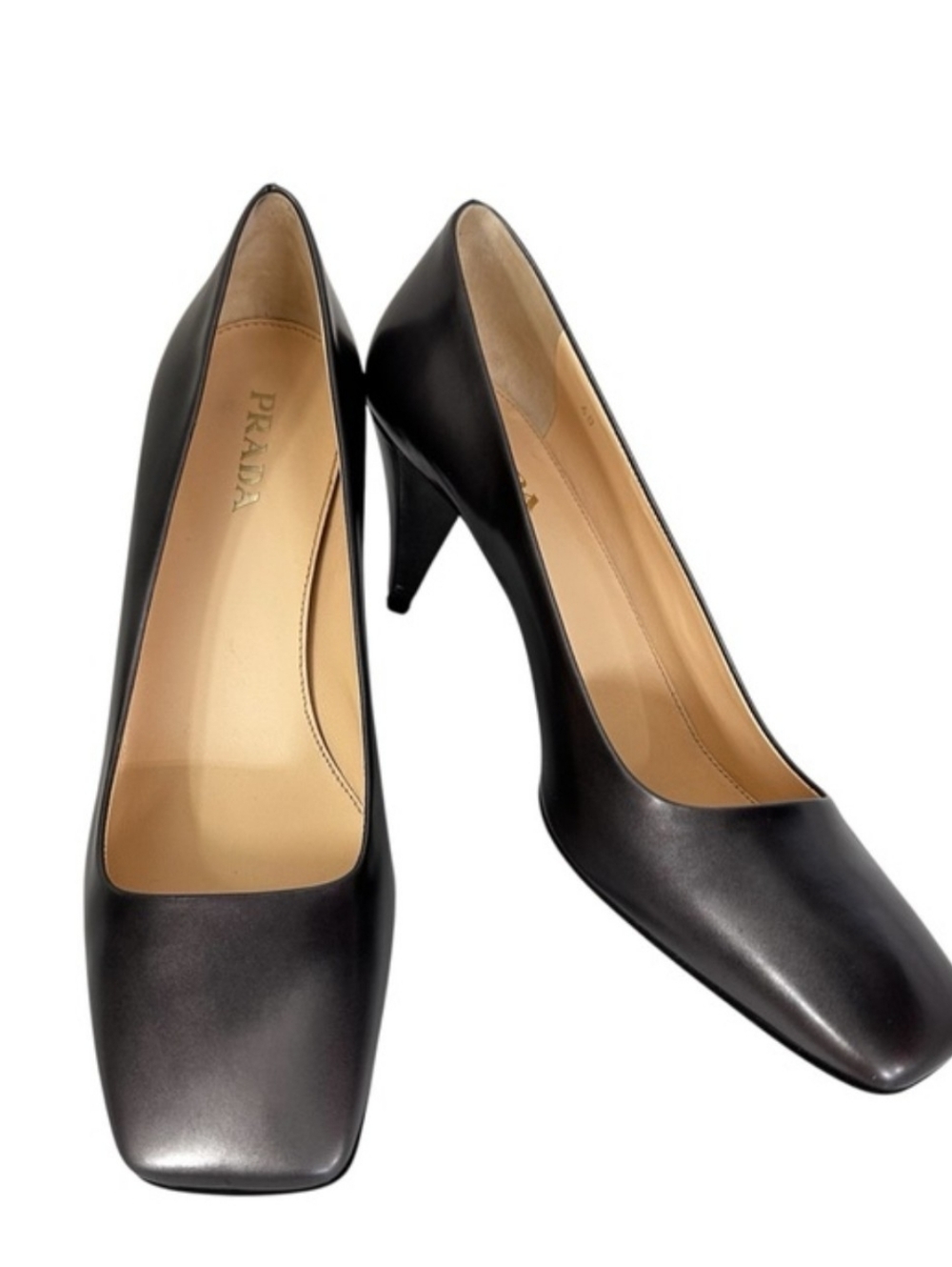 Prada Heels Square Toe Pewter Metallic Gray Pumps Women’s Size EU 40 / US 9.5